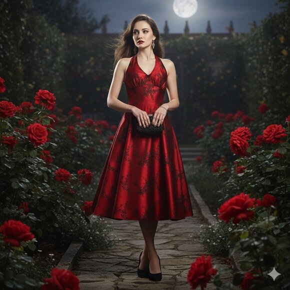 Y2K Red Halter Midi Gothic Satin Valentine's Day Prom Floral Jacquard Dress - L - Picture 2 of 16